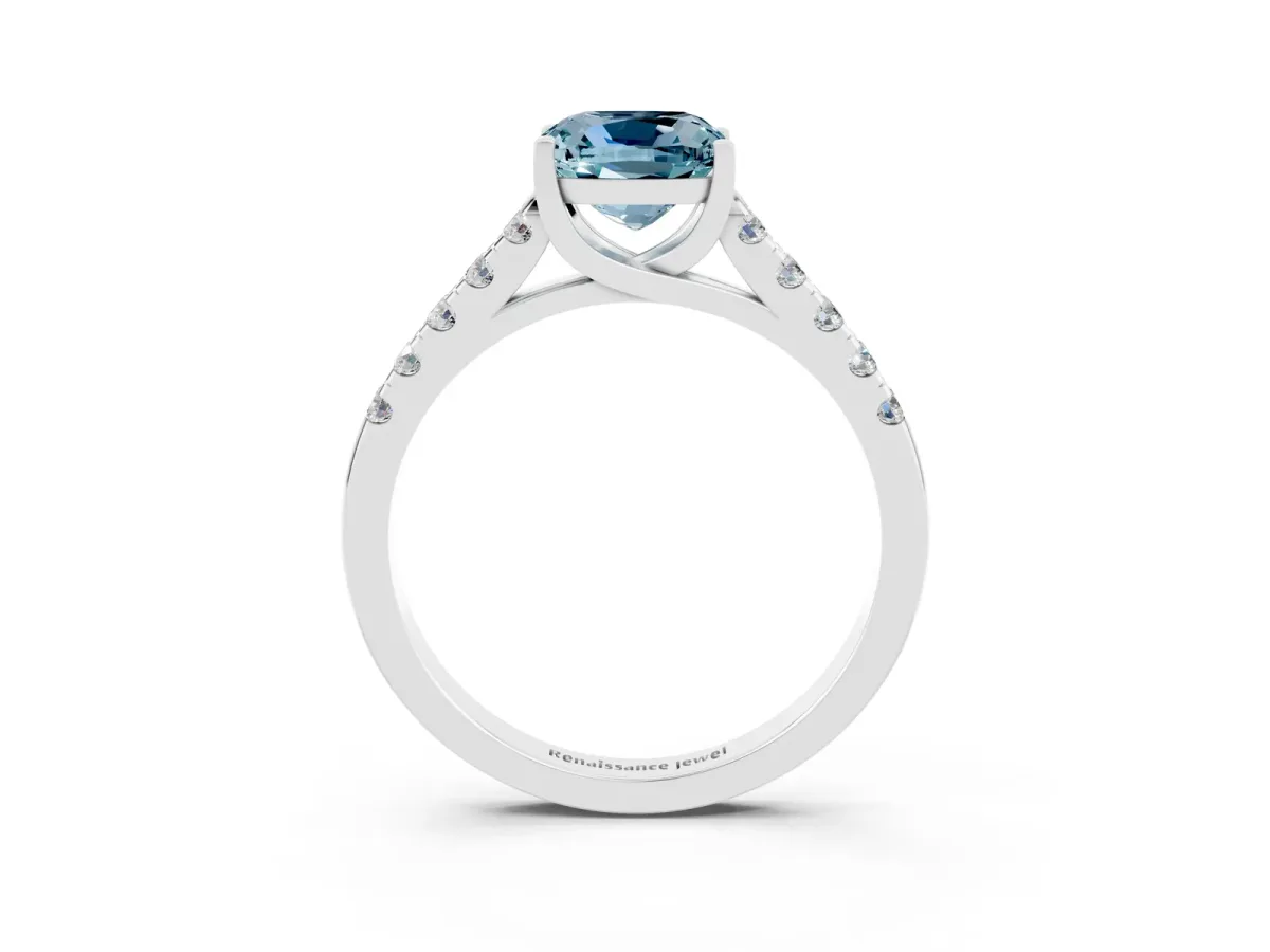 Cushion Cut Aquamarine Pavé Band Solitaire Ring with Prong Setting Platinum