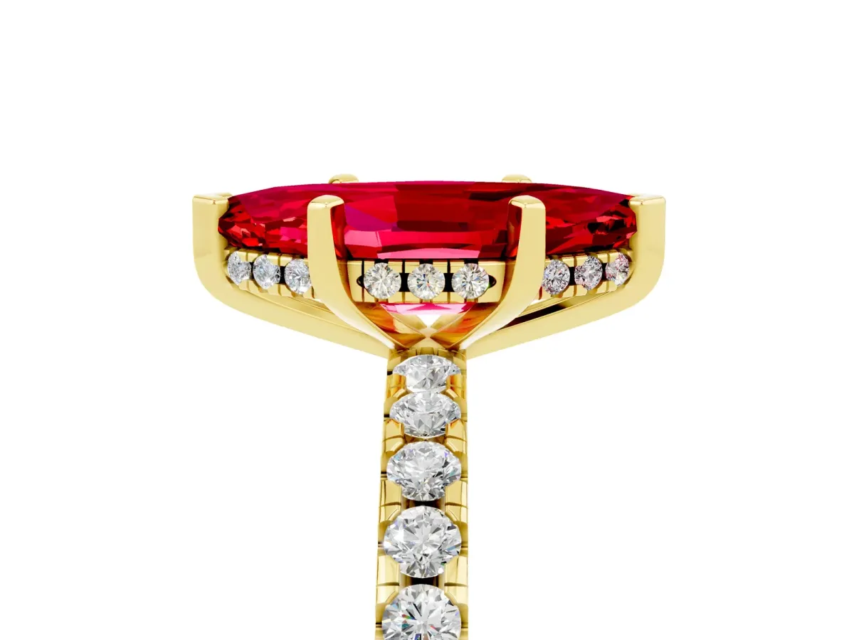 Marquise Cut Ruby Solitaire Ring with Round Pavé Band and Four-Prong Setting Yellow gold