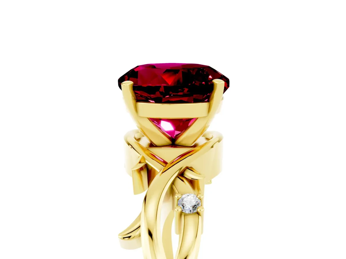 Round Cut Garnet Solitaire Ring with Twisted Band and Prong Setting Yellow gold