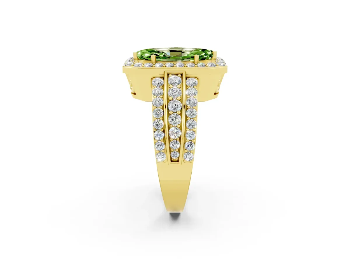 Marquise Cut Halo Peridot Ring with Round Split Shank and Prong Setting Yellow gold