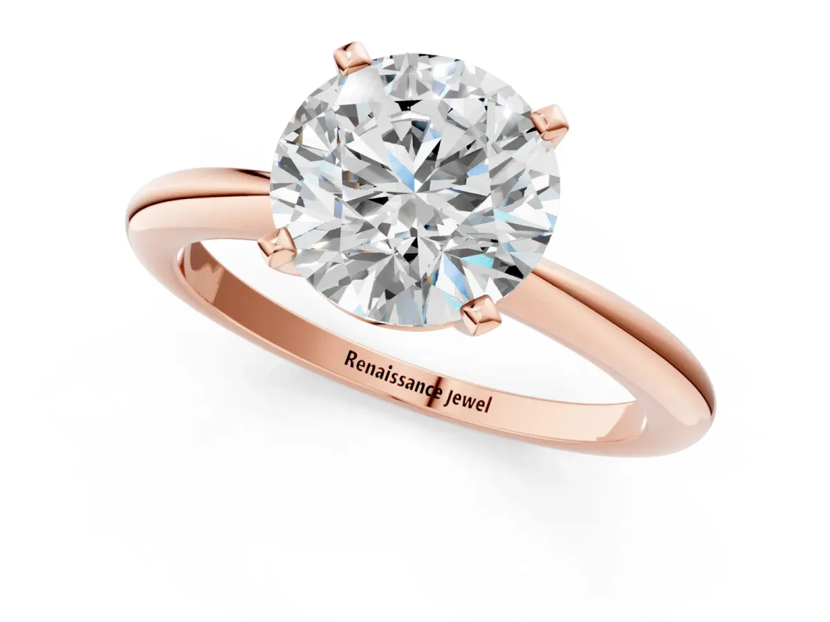 Round Cut Diamond Solitaire Ring with Six-Prong Setting and Classic Band Rose gold