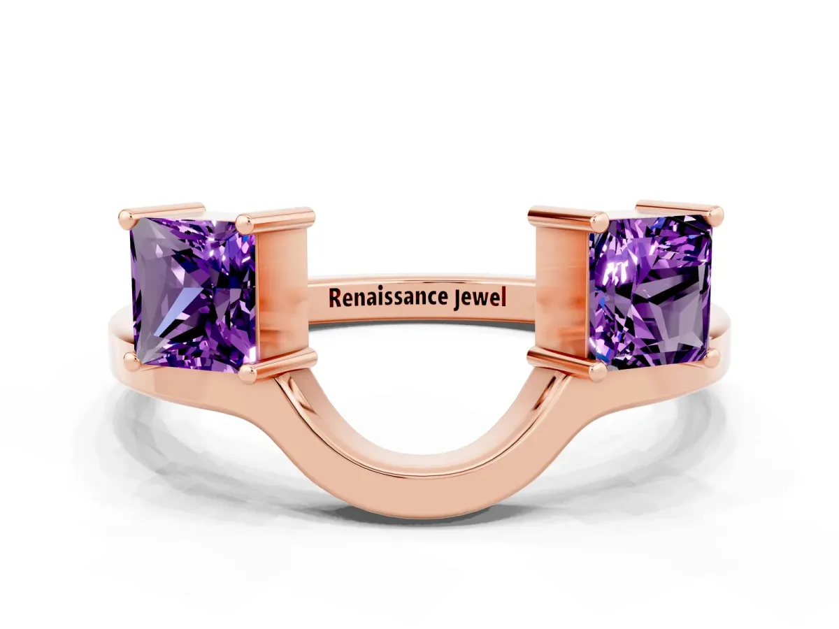 Princess Cut Amethyst Two-Stone Open Band Ring with Four-Prong Setting Rose gold