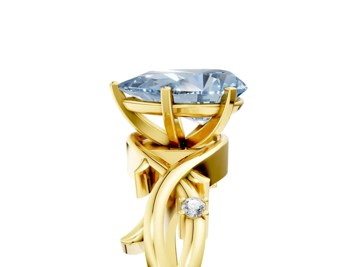 Fancy Blue Pear Cut Diamond Solitaire Ring with Twisted Band and Prong Setting Yellow gold