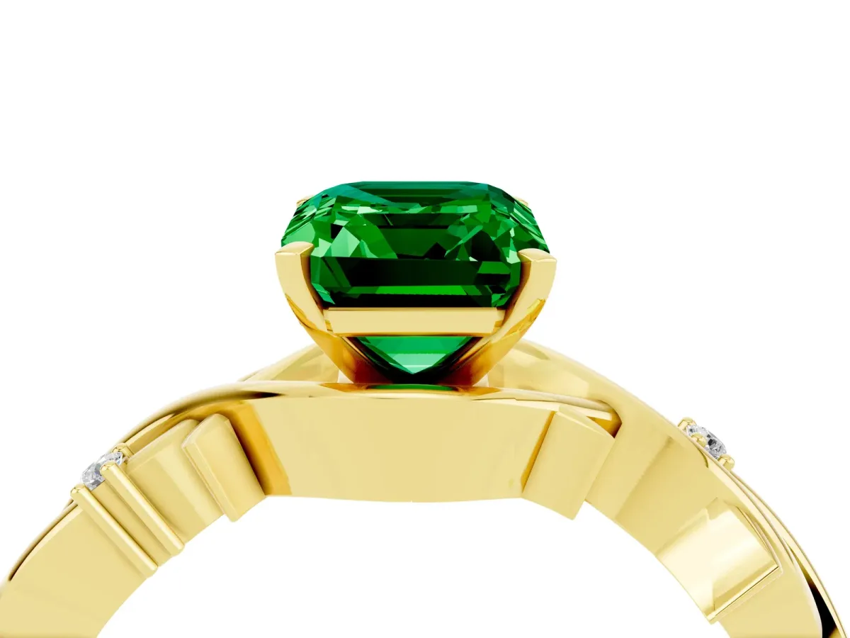Emerald Cut Emerald Solitaire Ring with Twisted Band and Prong Setting Yellow gold