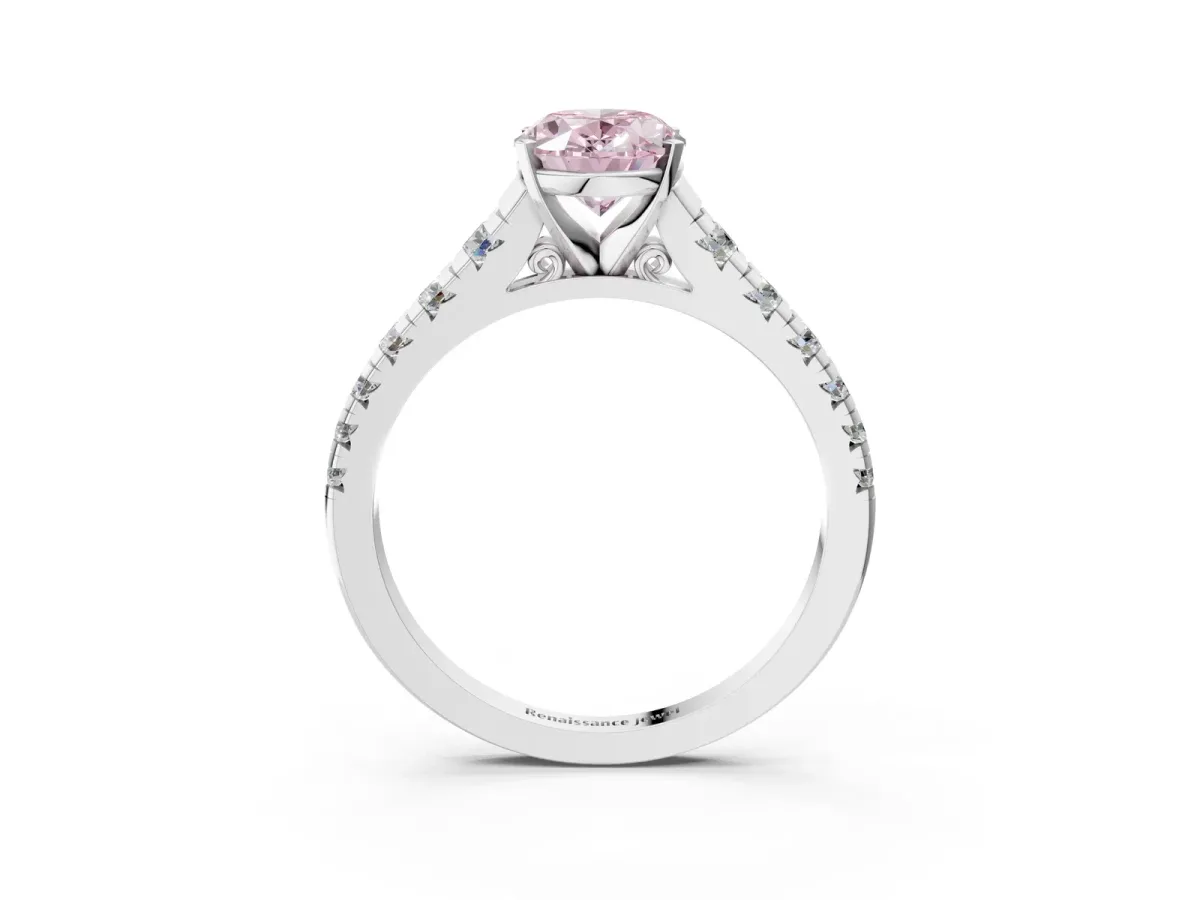 Fancy Pink Oval Cut Diamond Cathedral Solitaire Ring with Round Pavé Band Silver
