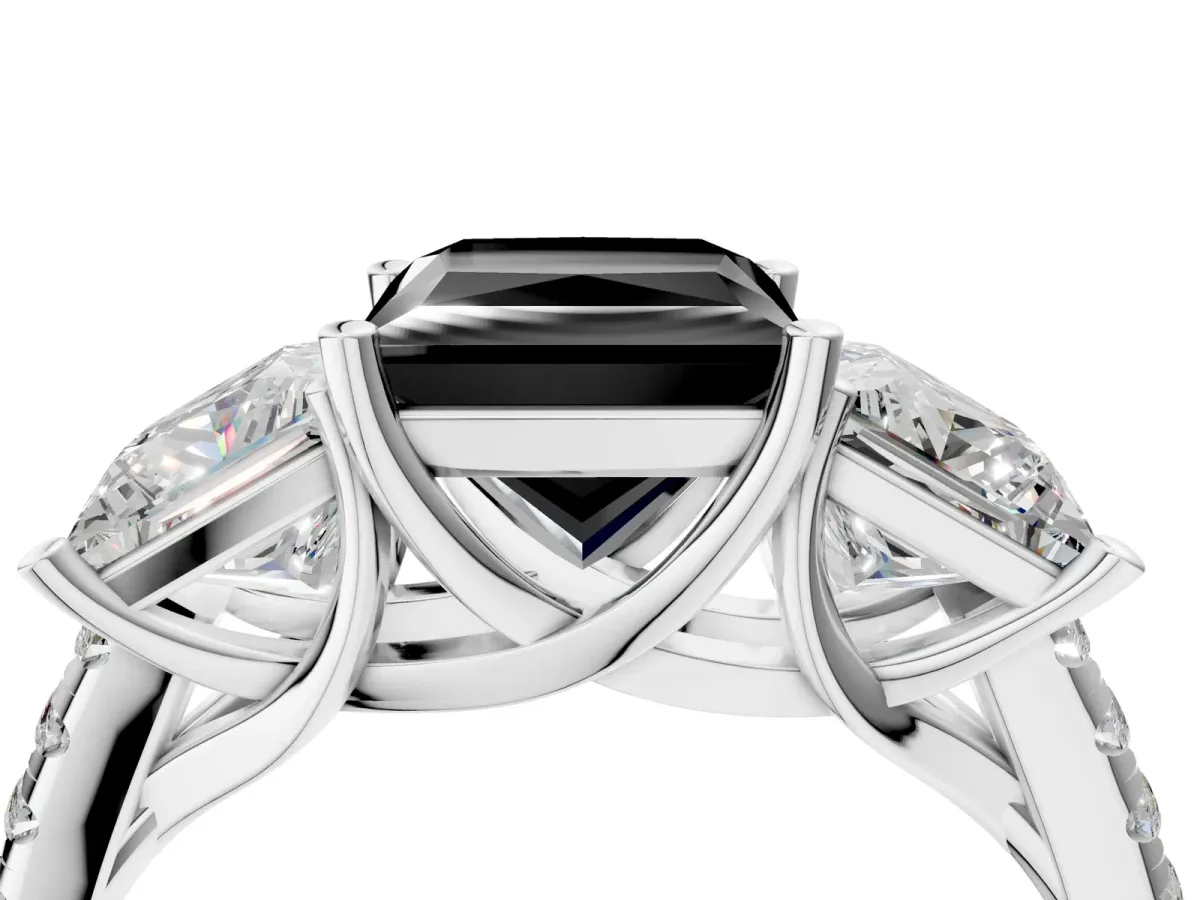 Fancy Black Three-Stone Princess Cut Diamond Ring with Round Pavé Band and Prong Setting Silver