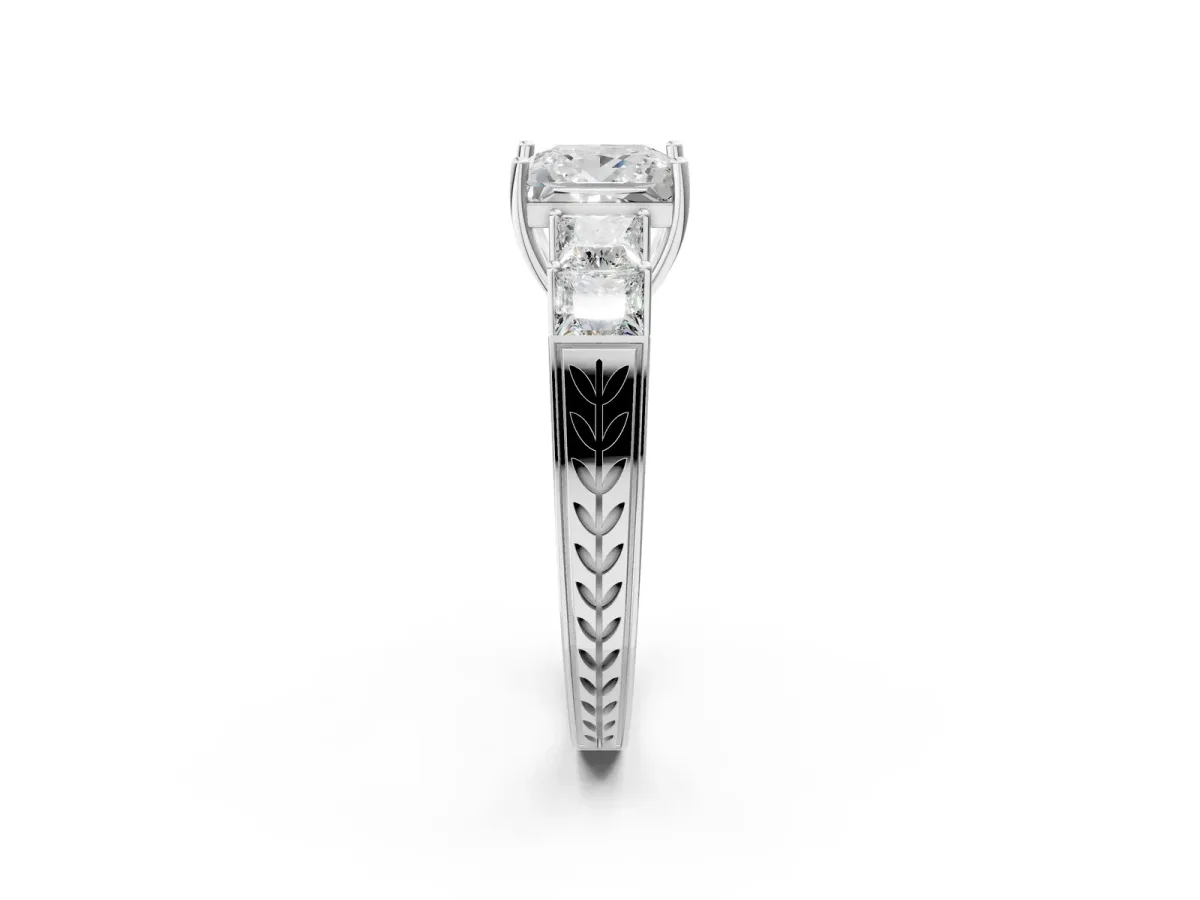 Princess Cut Solitaire Princess Side Stone Engraved Band Prong Setting Ring Platinum