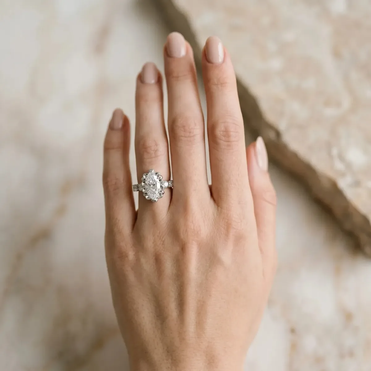 Marquise Cut Cut Diamond Floral Halo Engagement Ring with Shared Prong Setting Silver