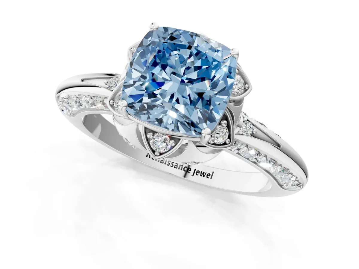 Fancy Blue Cushion Cut Halo Split Shank Pave Diamond Ring with Petal Prong Setting White gold