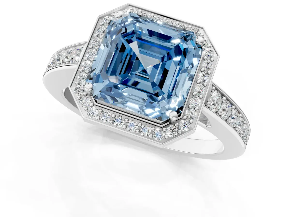 Fancy Blue Asscher Cut Halo Pavé Diamond Engagement Ring with Bezel Setting Silver
