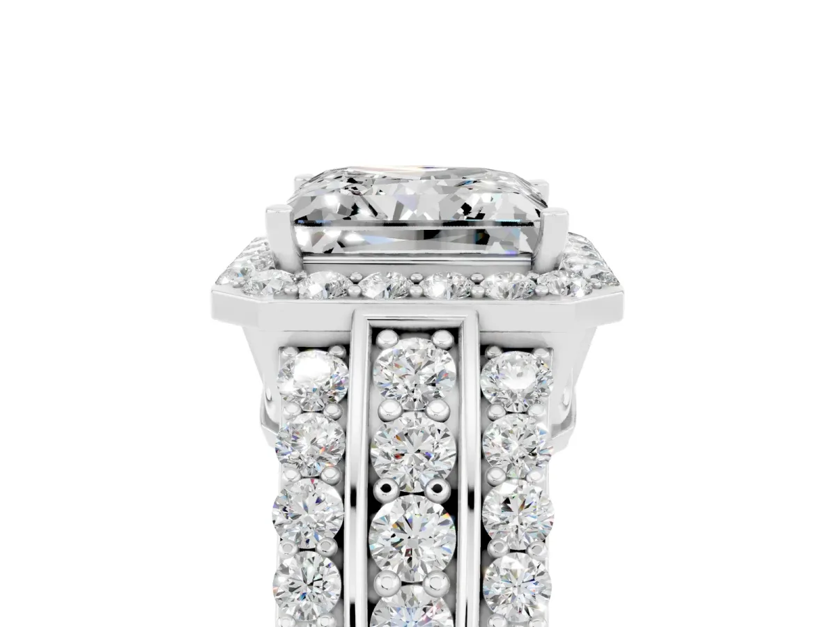Princess Cut Halo Moissanite Ring with Round Split Shank and Prong Setting Platinum