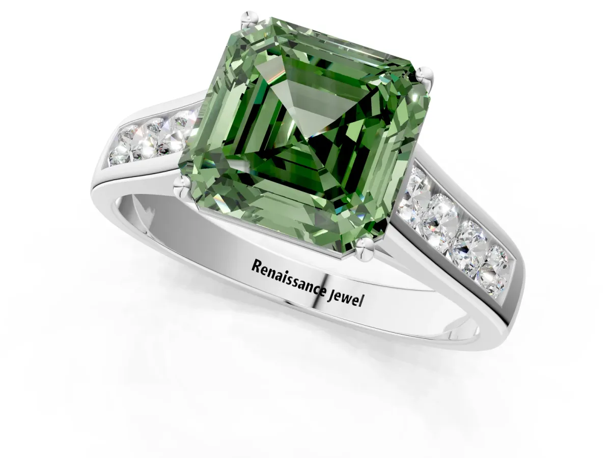 Fancy Green Asscher Cut Brilliant Channel-Set Solitaire Ring with Four-Prong Setting Platinum