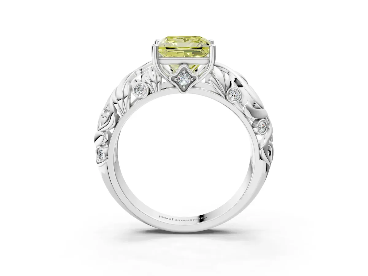 Fancy Yellow Princess Cut Solitaire Diamond Leaf-Inspired Vine Band Ring with Prong Setting White gold
