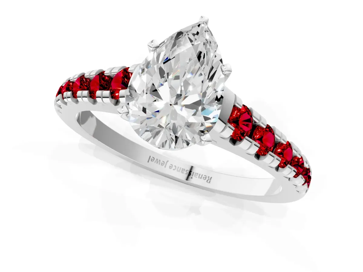 Pear Cut Diamond Cathedral Solitaire Ring with Round Ruby Pavé Band Silver