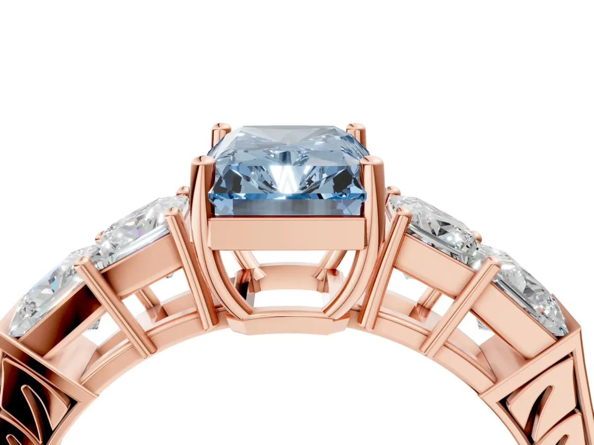 Fancy Blue Radiant Cut Solitaire Princess Side Stone Engraved Band Prong Setting Ring Rose gold
