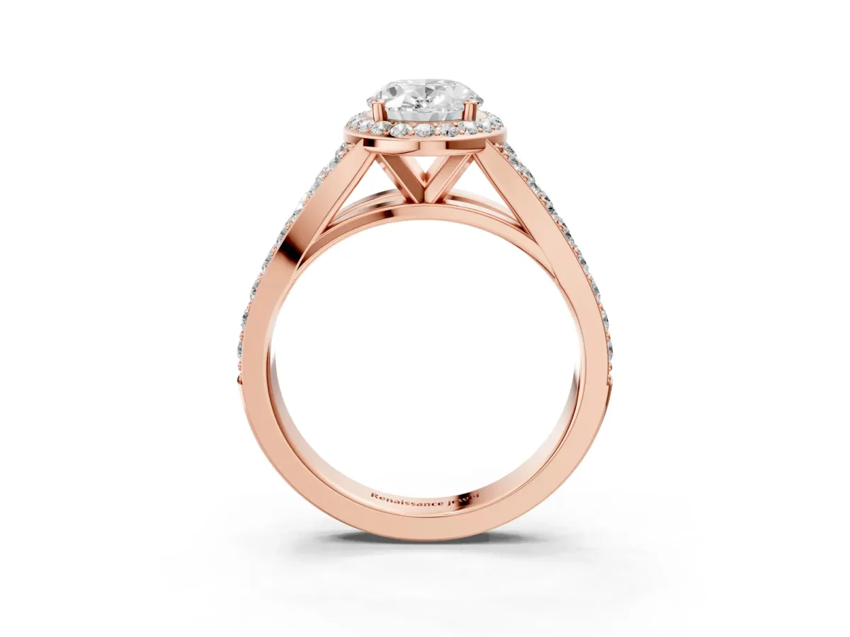 Oval Cut Diamond Split Shank Halo Ring with Four-Prong Setting Rose gold
