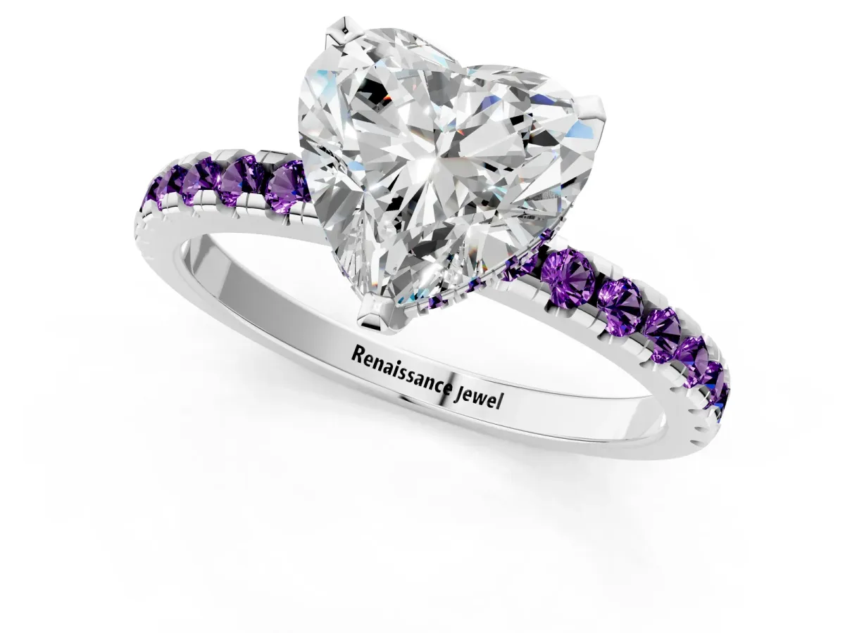 Heart Cut Diamond Solitaire Ring with Round Amethyst Pavé Band and Four-Prong Setting Silver