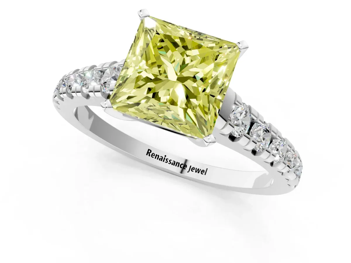 Fancy Yellow Princess Cut Diamond Cathedral Solitaire Ring with Round Pavé Band Silver