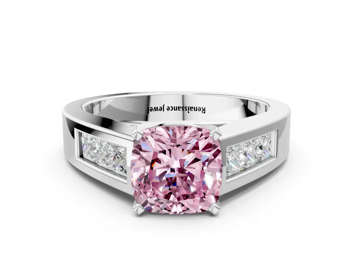 Fancy Pink Cushion Cut Cut Channel Set Solitaire Ring with Four-Prong Setting White gold