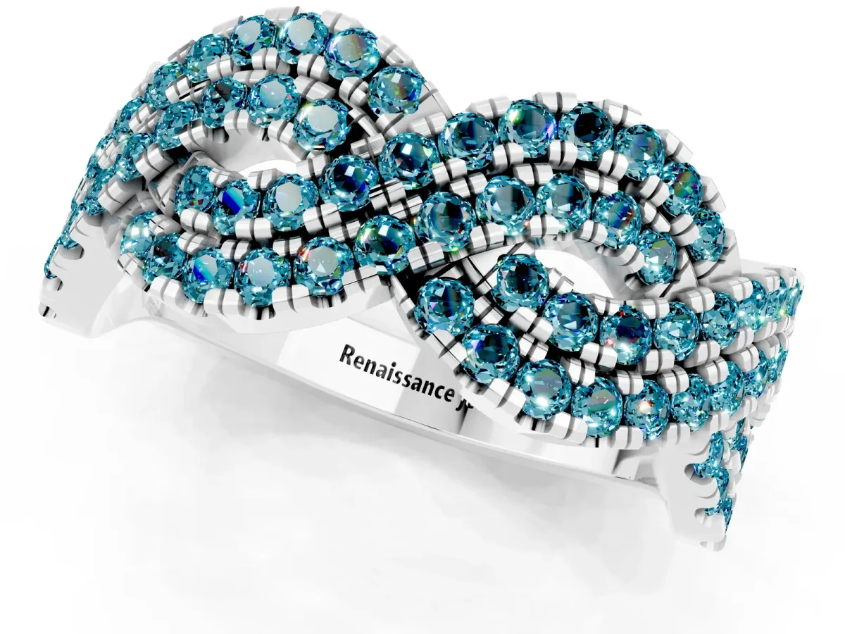 Pavé Round Blue Topaz Infinity Twist Band with Shared Prong Setting Platinum