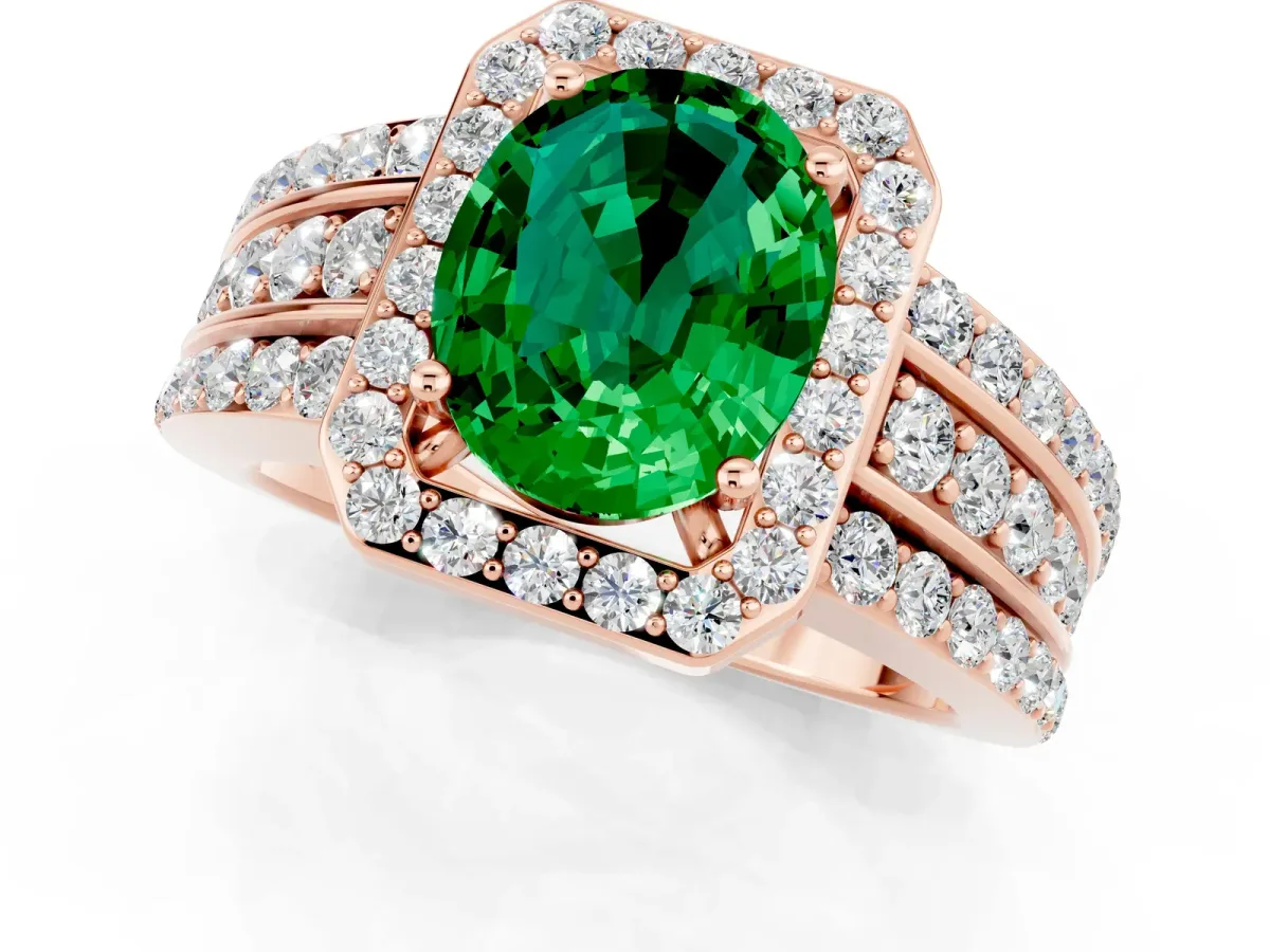 Oval Cut Halo Emerald Ring with Round Split Shank and Prong Setting Rose gold
