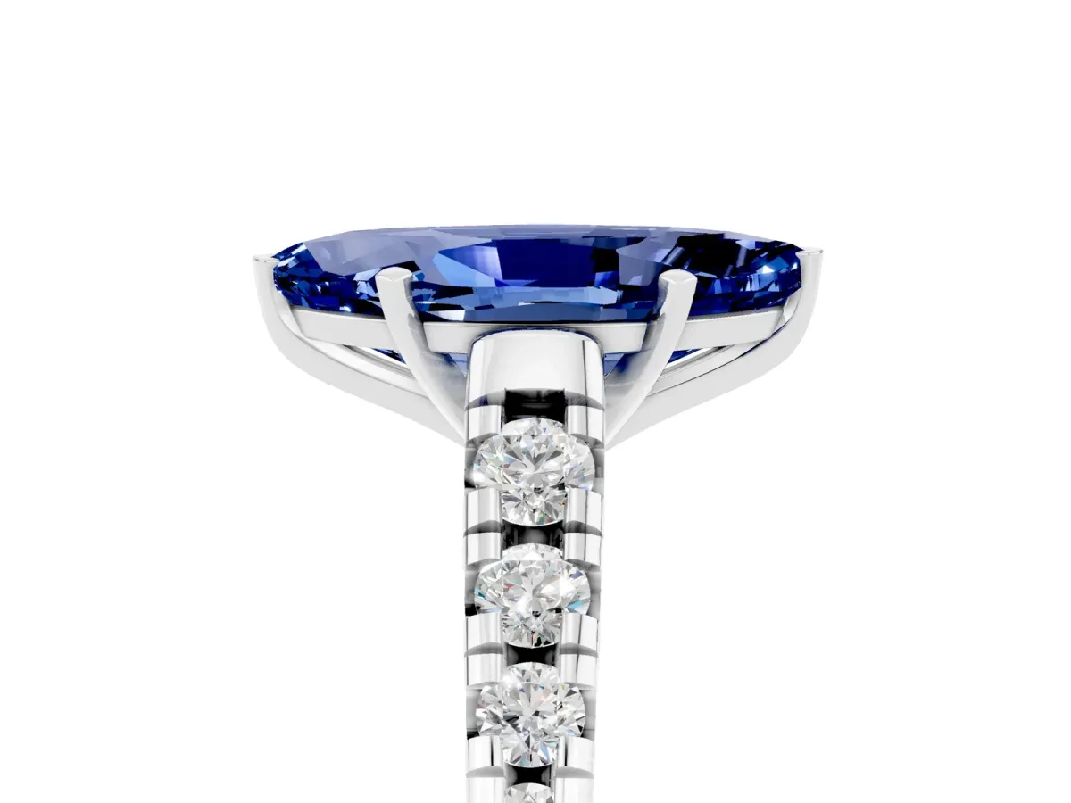 Marquise Cut Blue Sapphire Cathedral Solitaire Ring with Round Pavé Band Silver