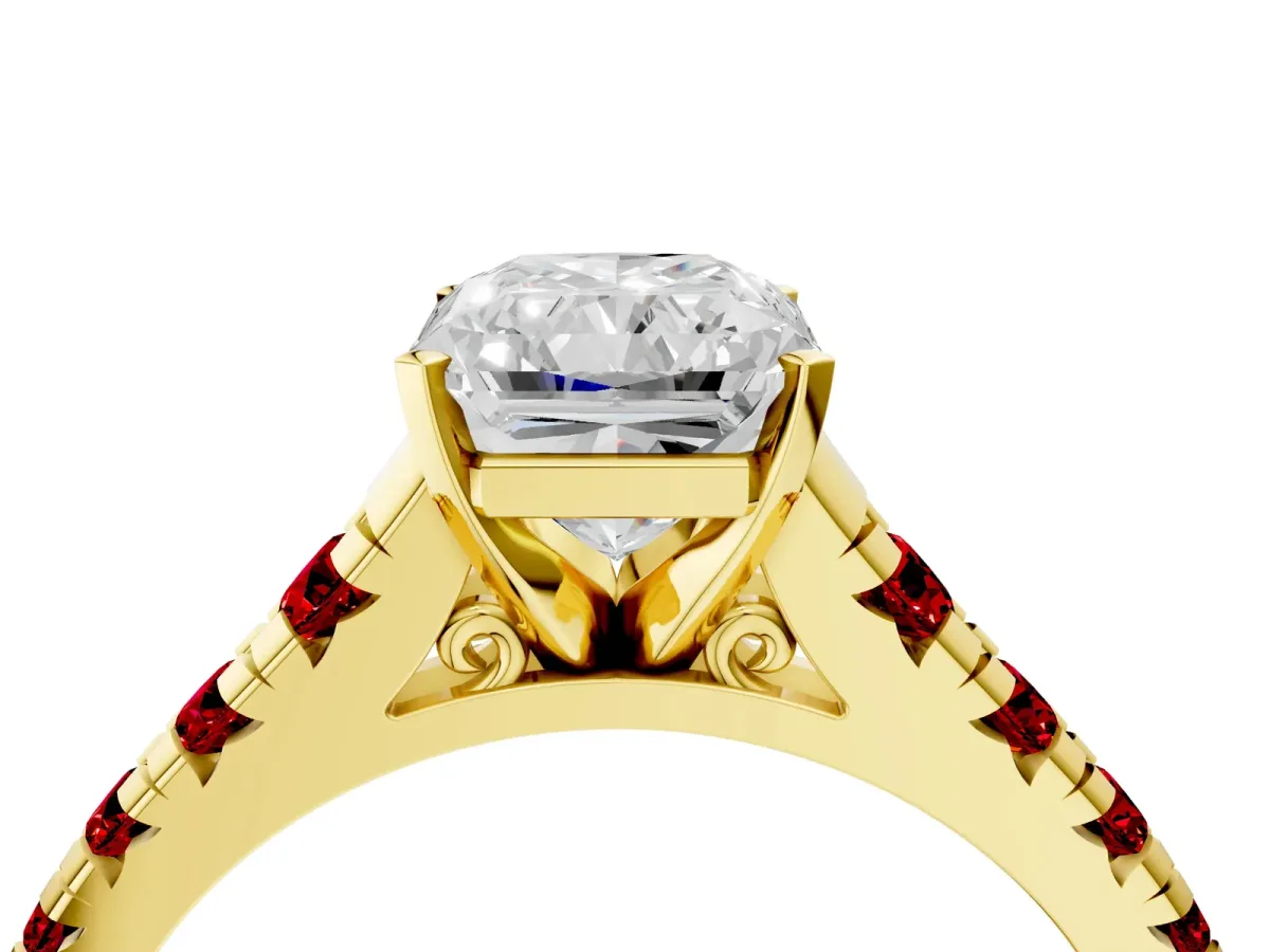 Radiant Cut Diamond Cathedral Solitaire Ring with Round Ruby Pavé Band Yellow gold