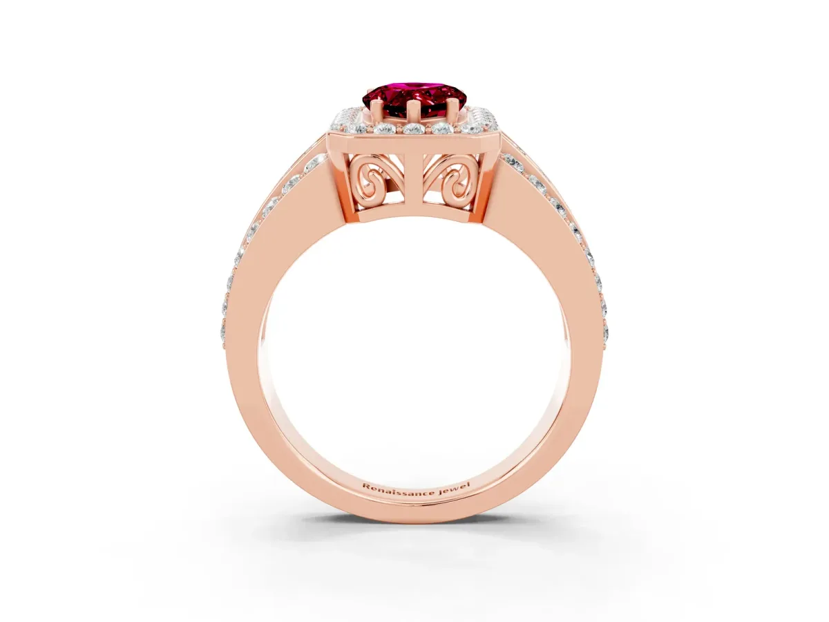 Pear Cut Halo Garnet Ring with Round Split Shank and Prong Setting Rose gold