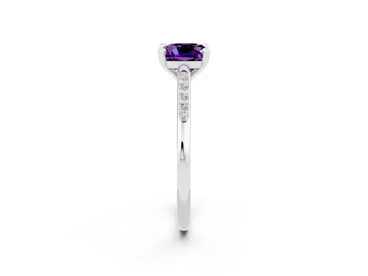 Cushion Cut Amethyst Solitaire Ring with Channel Set Round Band and Prong Setting Silver