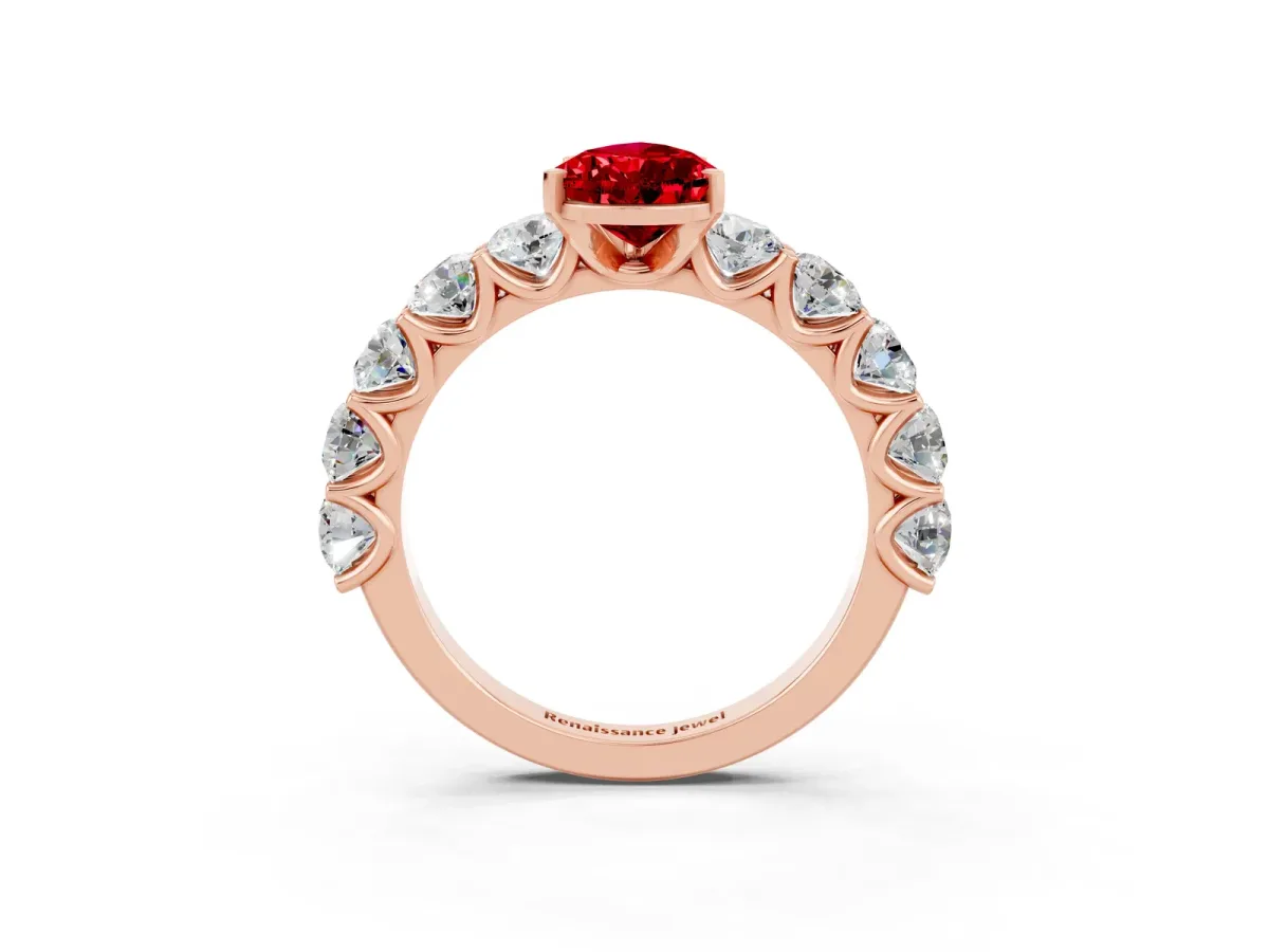 Pear Cut Ruby Prong Setting with Side Stones on a Pave Band Rose gold