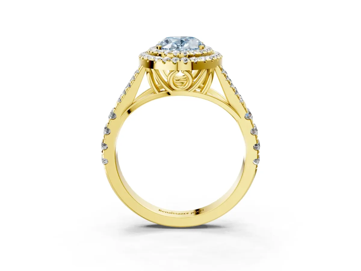 Fancy Blue Double Halo Oval Cut Diamond Split Shank Engagement Ring with Four-Prong Setting Yellow gold