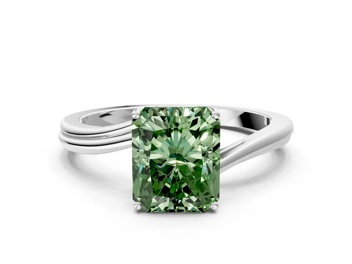 Fancy Green Radiant Cut Cut Solitaire Twist Band Ring with Four-Prong Setting Platinum