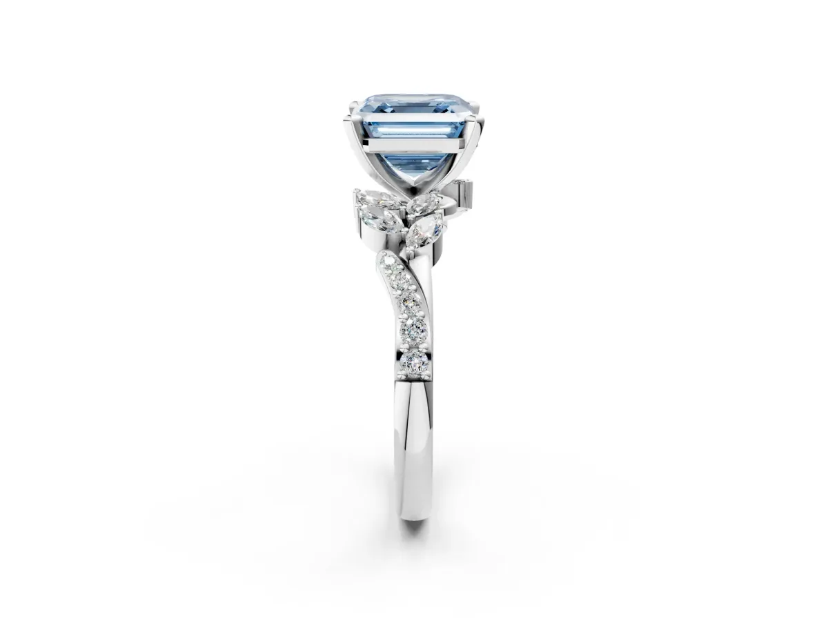 Fancy Blue Asscher Cut Solitaire Marquise Twist Band with Six-Prong Setting Platinum