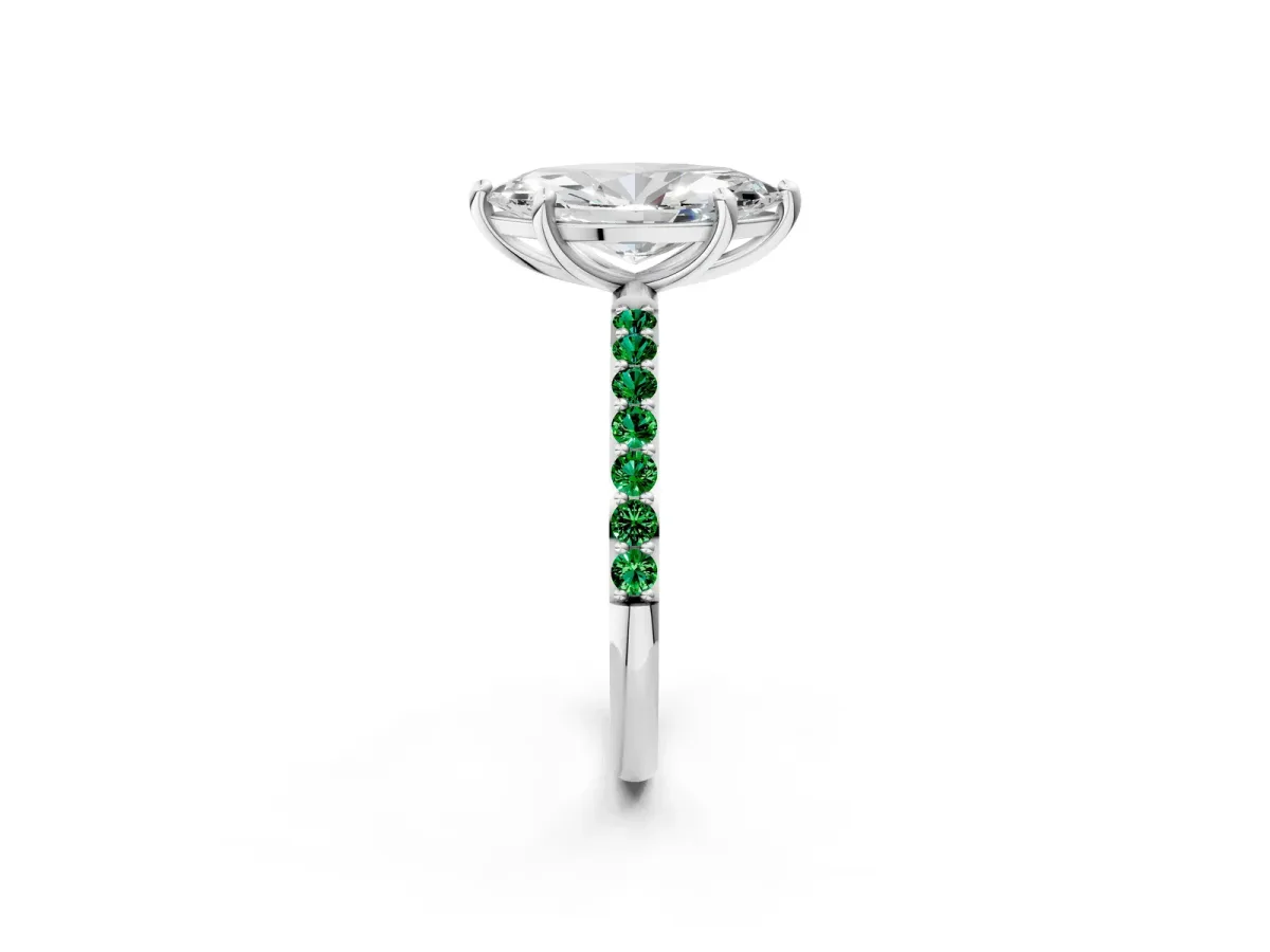 Marquise Cut Diamond Solitaire Ring with Round Emerald Pavé Band and Prong Setting Silver