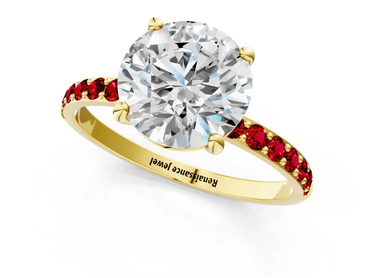 Round Cut Diamond Solitaire Ring with Round Ruby Pavé Band and Prong Setting Yellow gold