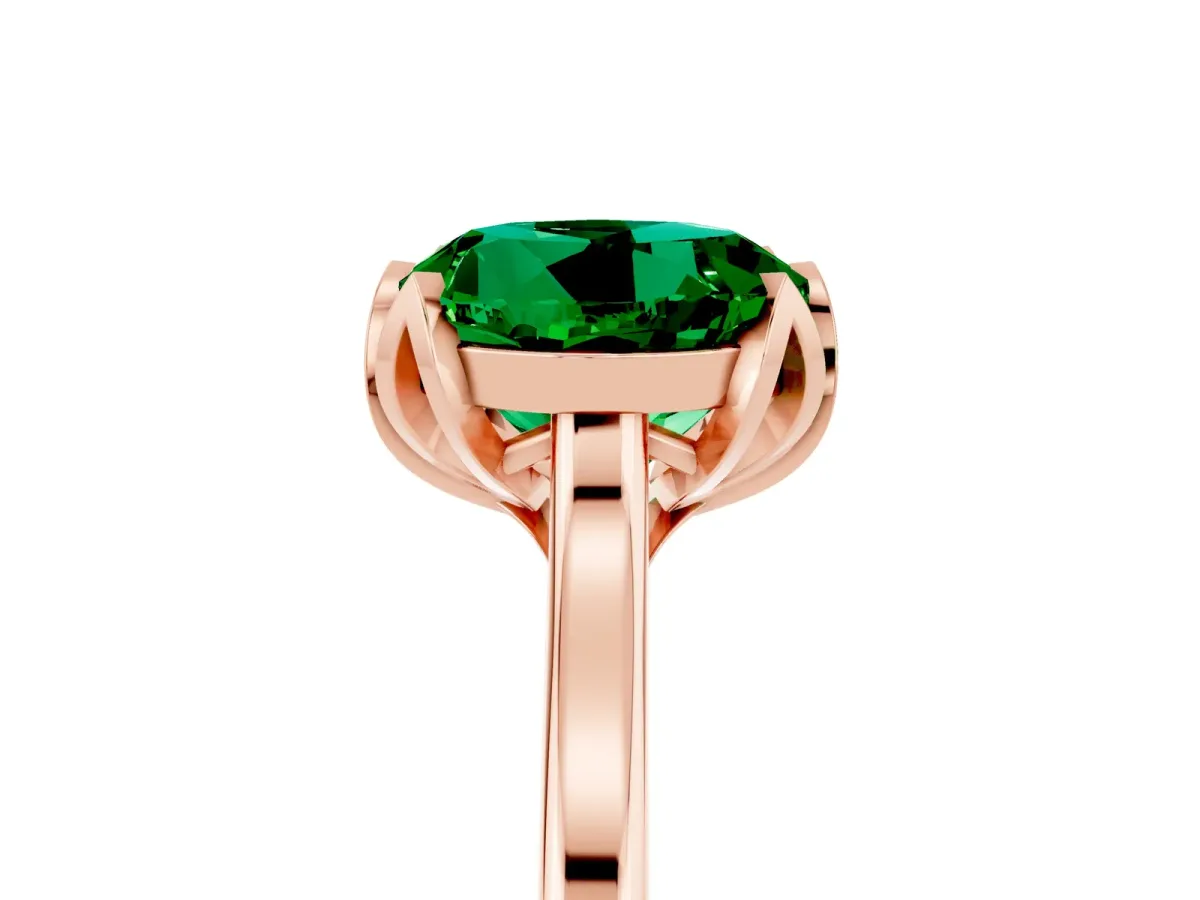 Round Cut Emerald Solitaire Ring with Flower Prong Setting and Classic Band Rose gold