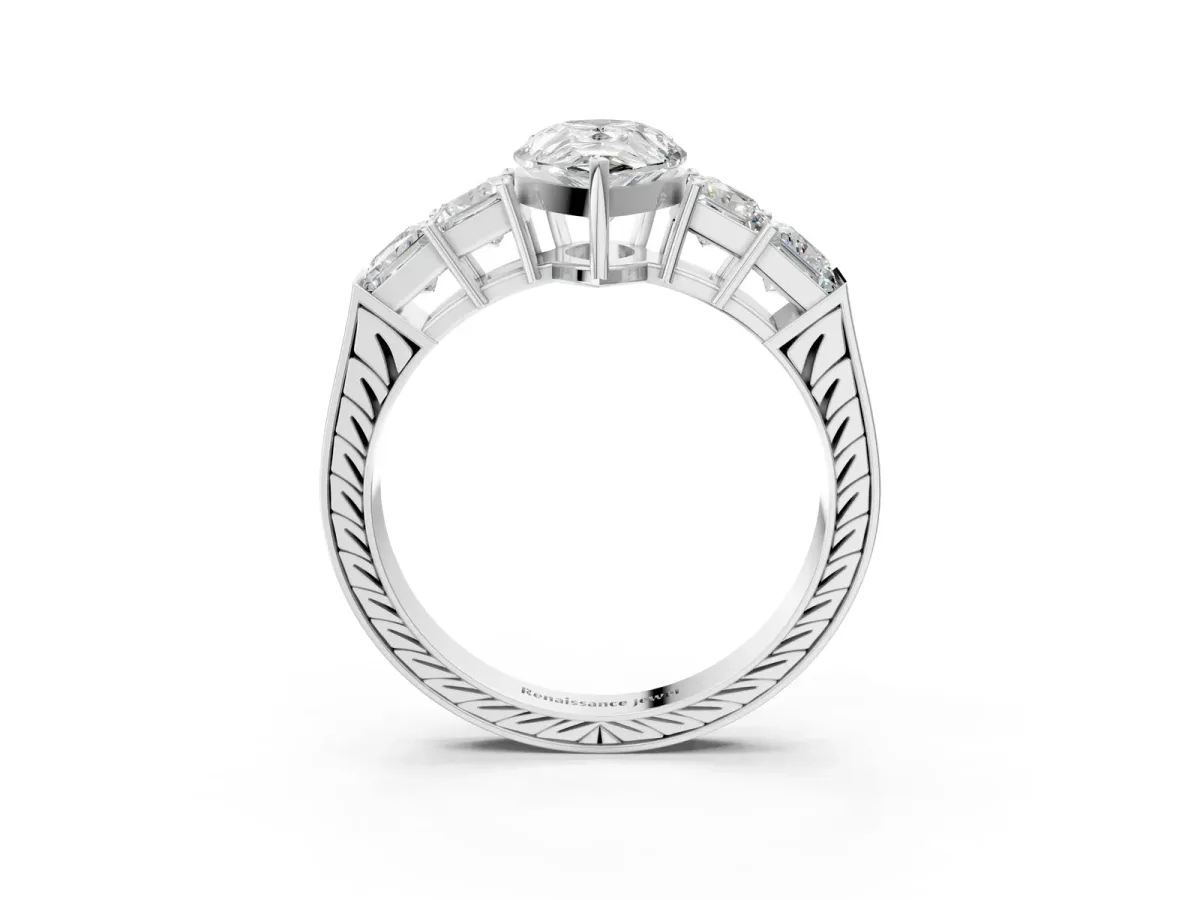 Pear Cut Solitaire Princess Side Stone Engraved Band Prong Setting Ring Platinum
