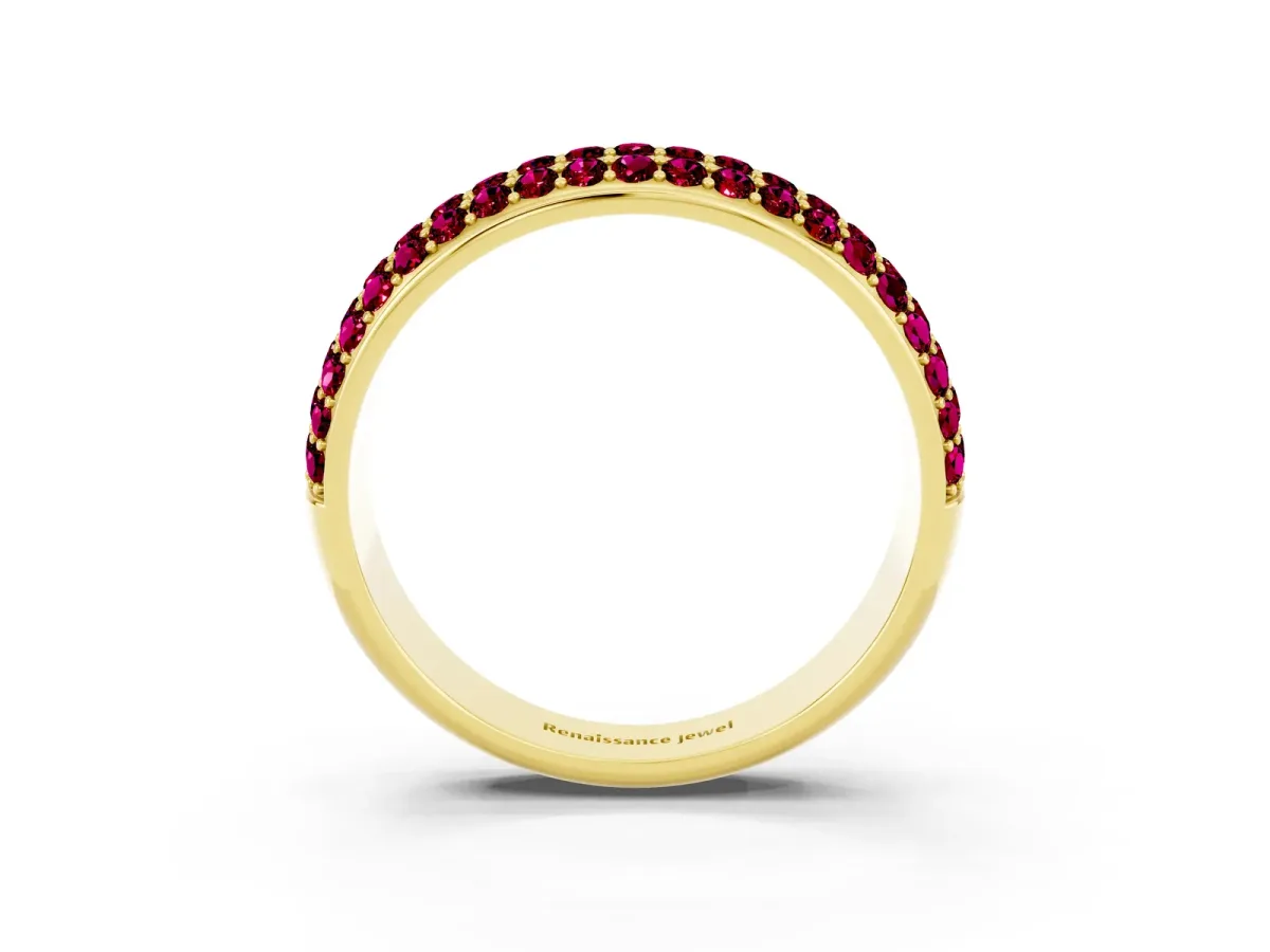 Three-Row Round Garnet Eternity Band with Shared Prong Setting Yellow gold