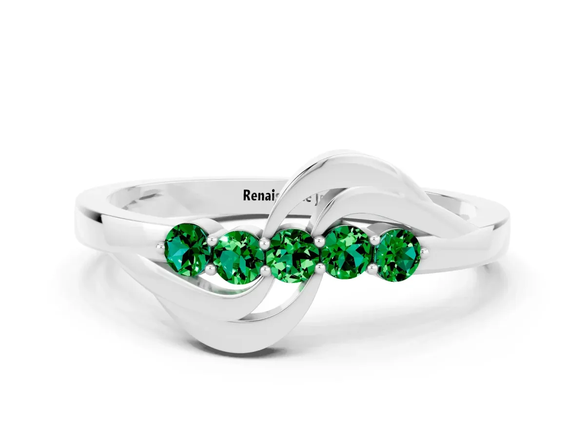 Five-Stone Round Emerald Crossover Band with Prong Setting White gold