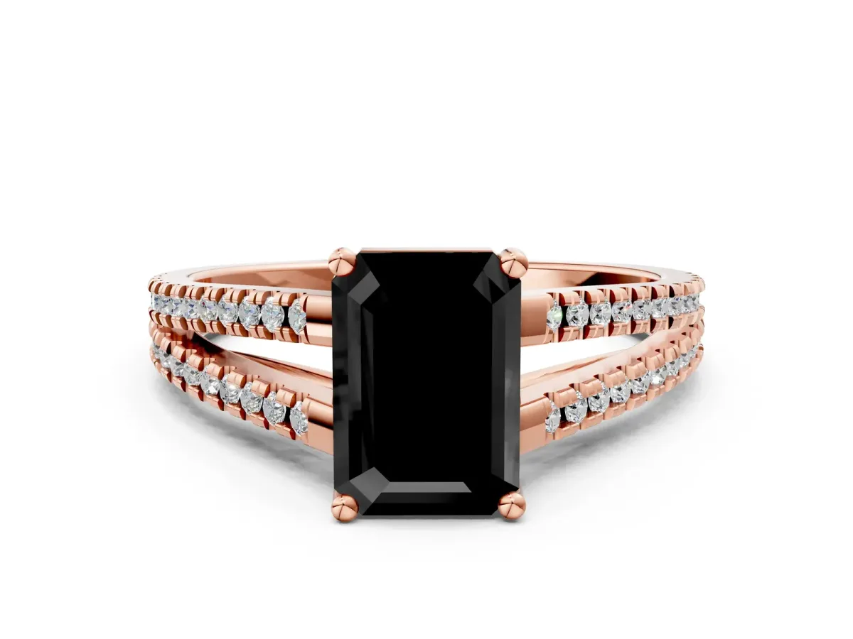 Fancy Black Emerald Cut Diamond Solitaire Engagement Ring with Split Shank Pavé Band Rose gold