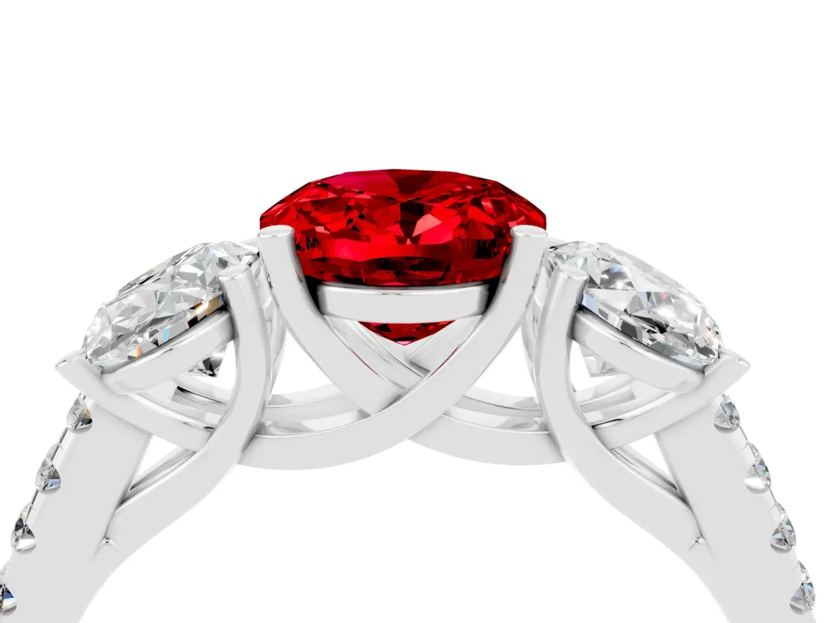 Three-Stone Oval Cut Ruby Ring with Round Pavé Band and Prong Setting Platinum