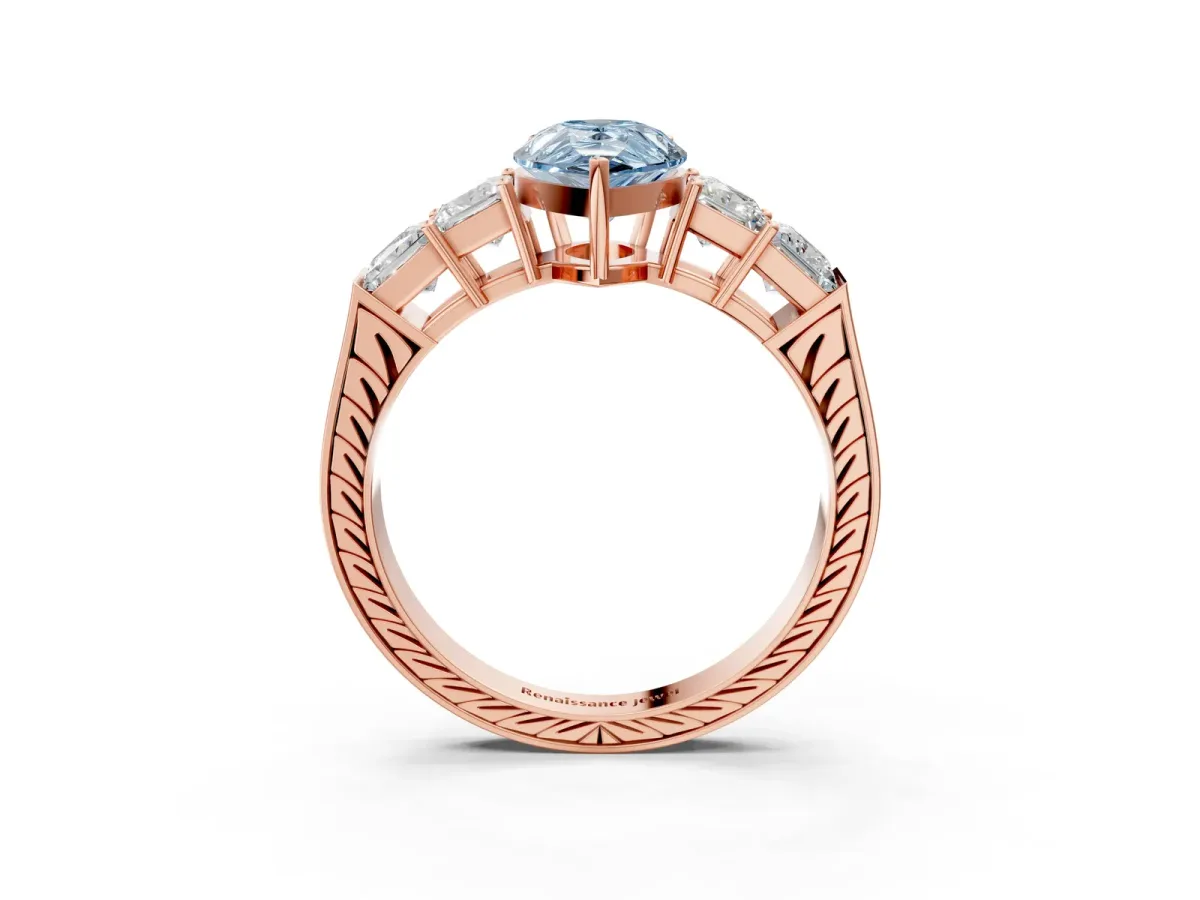 Fancy Blue Pear Cut Solitaire Princess Side Stone Engraved Band Prong Setting Ring Rose gold