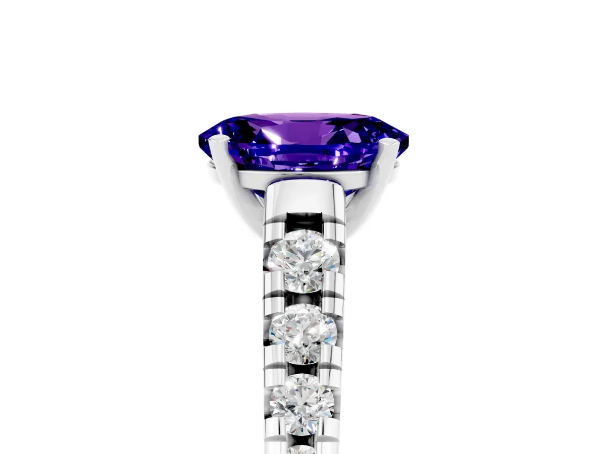 Oval Cut Tanzanite Cathedral Solitaire Ring with Round Pavé Band Silver