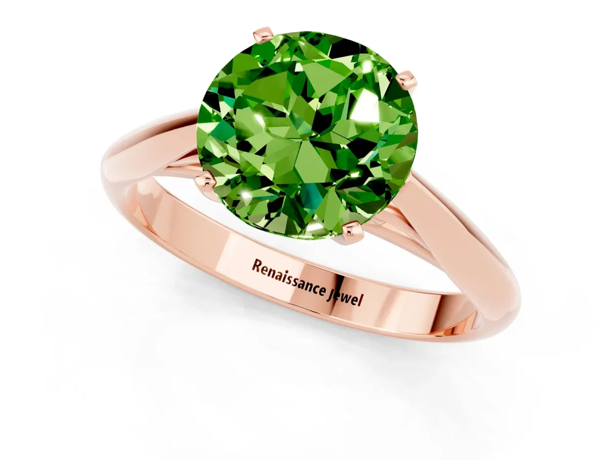 Round Cut Peridot Solitaire Engagement Ring with Cathedral Setting and Four-Prong Mount Rose gold