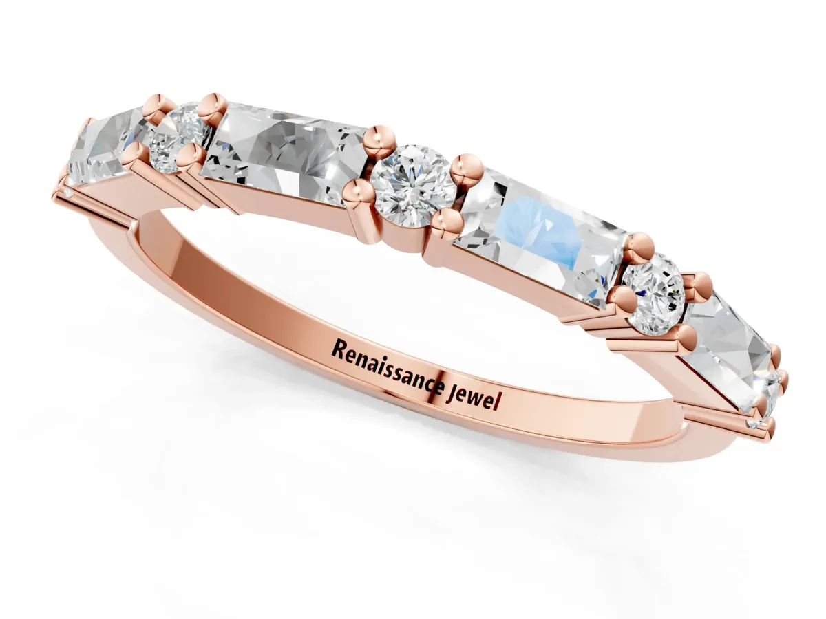 Baguette and Round Diamond Bar Setting Half Eternity Band with Prong Setting Rose gold