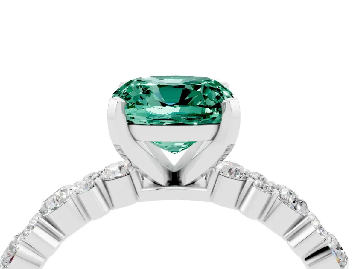 Cushion Cut Green Sapphire Side Stone Solitaire Ring with Round and Four-Prong Setting Silver