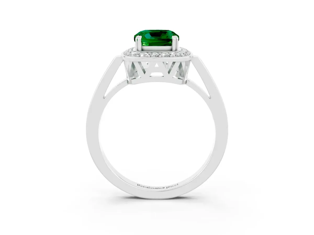 Cushion Cut Emerald Halo Ring with Split Shank and Four-Prong Setting White gold