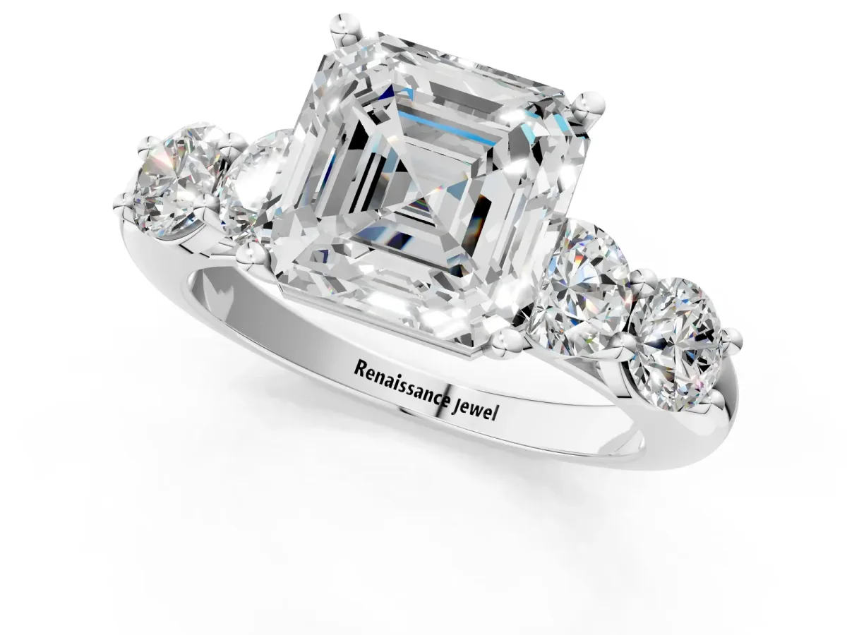 Asscher Cut Cut Five-Stone Prong Set Diamond Ring with Classic Band Platinum