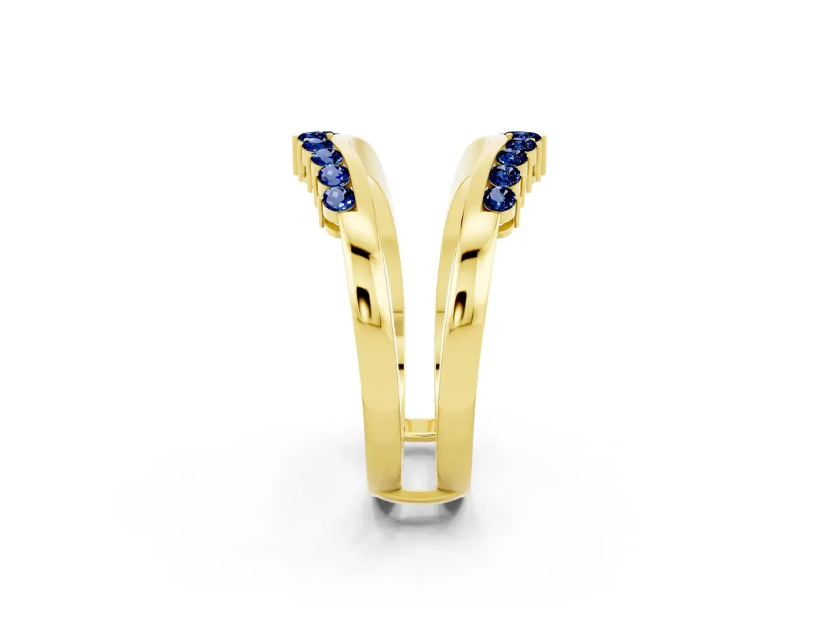 Round Blue Sapphire Chevron Contour Band with Prong Setting Yellow gold