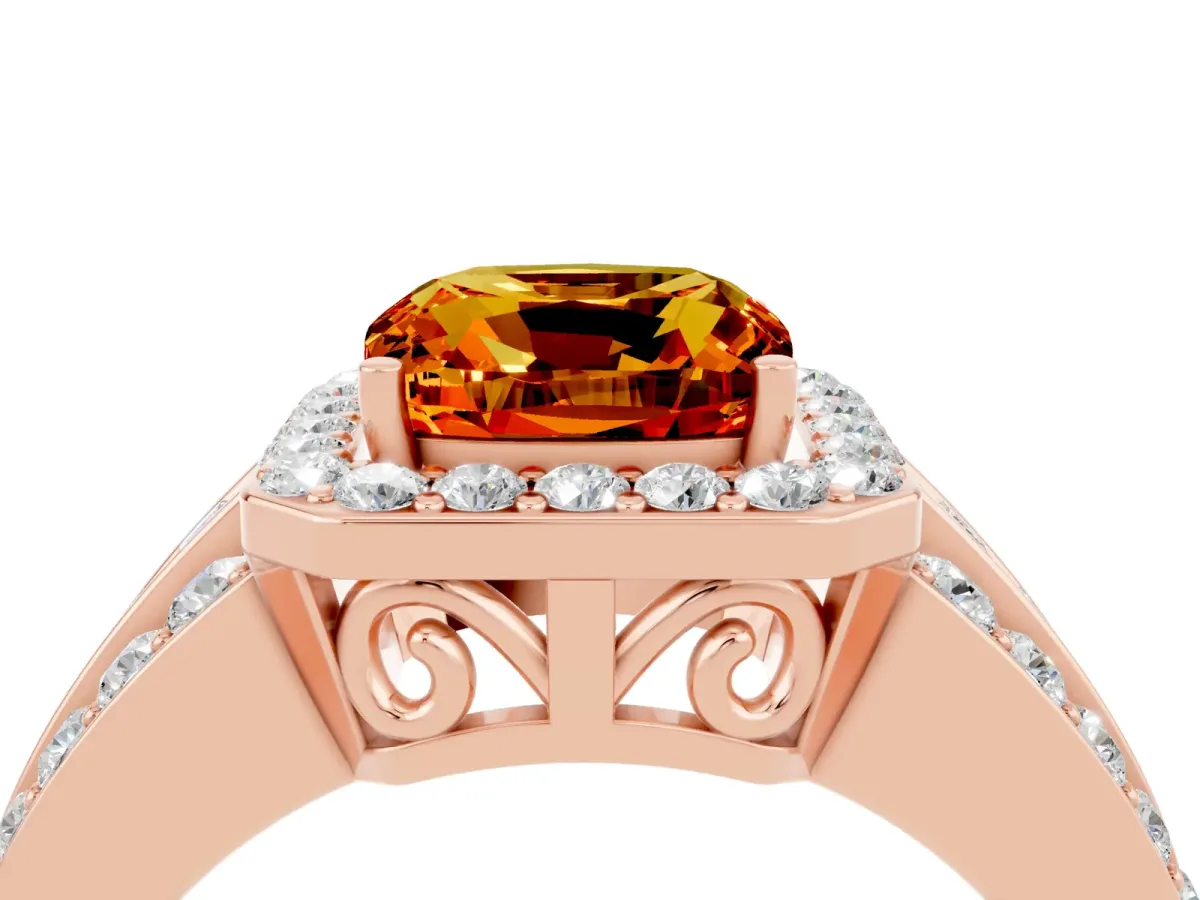 Cushion Cut Halo Citrine Ring with Round Split Shank and Prong Setting Rose gold